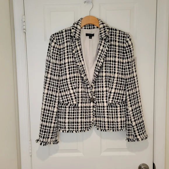 ANN TAYLOR TWEED Yellow Black and White Plaid Women's Blazer Sz 10 - Picture 2 of 15